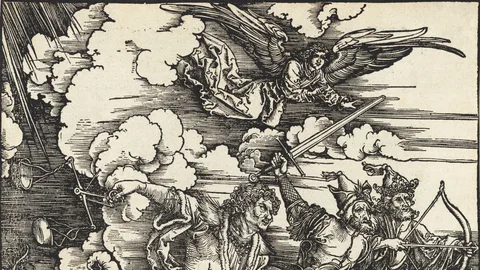 The angel over the riders, cut from The Four Horsemen, from The Apocalypse by Albrecht Dürer