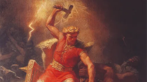 Thor and Mjölnir, cut from Thor's Fight with the Giants by Mårten Eskil Winge